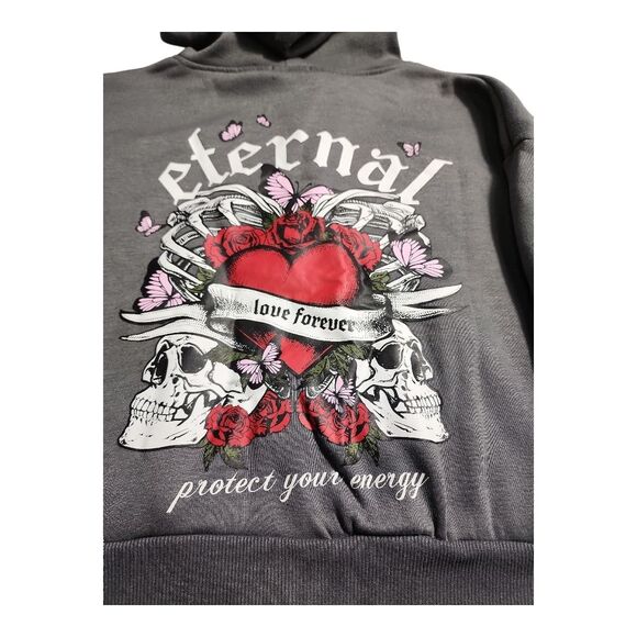 Girl's Large Gray Zip-Up Hoodie with Skull Design Allover Back Print Streetwear - Picture 7 of 8